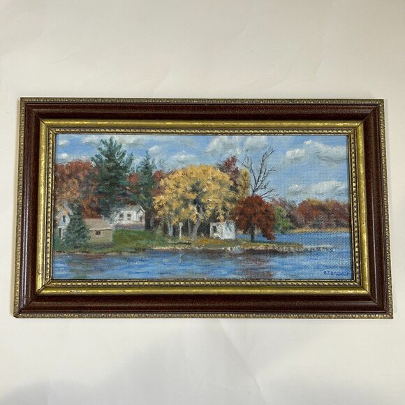 Vintage Framed Landscape Oil Painting Autumn Lake Scene Country Houses Singed - Picture 1 of 13